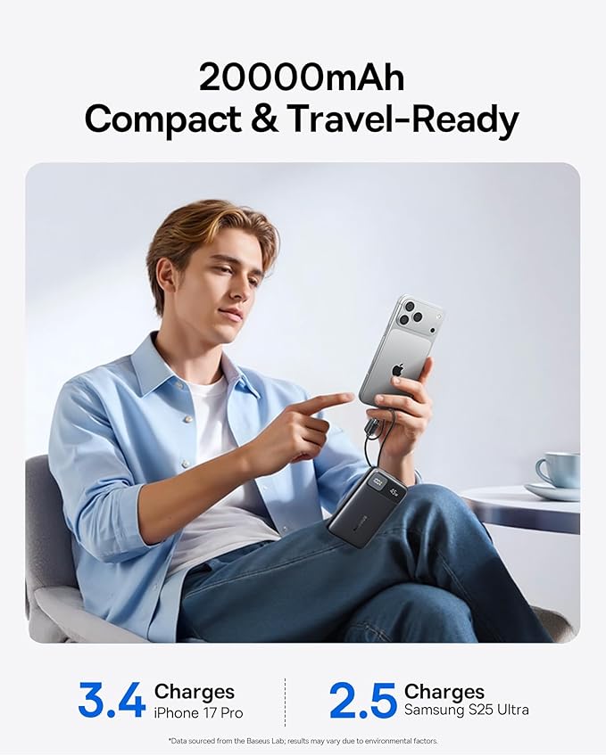 Baseus 100W PD 5A QC 4.0 Fast Charging USB C to C Cable, Bundle with 20000mAh Compact Portable Charger 45W, CCC Certified Power Bank Built-in USB-C Cables