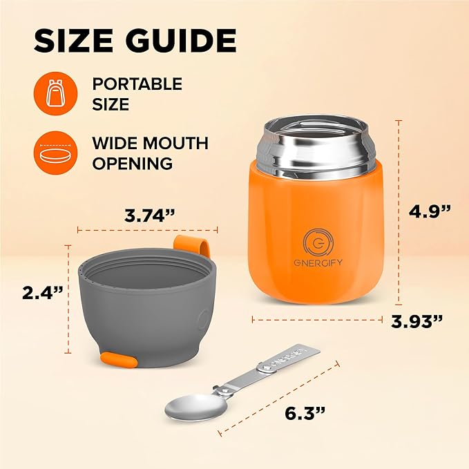 ENERGIFY Vacuum Insulated Food Jar. Large 17oz Bowl incl. Folding Spoon, Cup. Wide Mouth Keep Hot & Cold Drinks Soup Lunch Container for Adults. BPA-Free Stainless Steel, Leak Proof Orange
