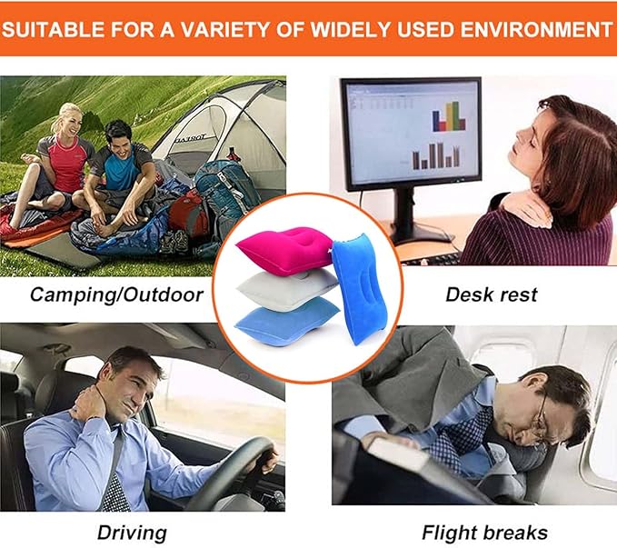 4Pack Ultralight A4 Size Inflatable Travel Pillow, Small Squared Flocked Fabric Air Pillow for Traveling, Holiday Trip, Hiking, Camping,Napping,Neck Lumbar Support(Gray,Sky Blue,Red,Deep Blue)