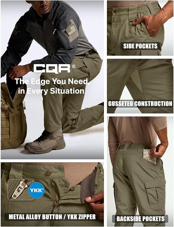 CQR Men's Tactical Pants, Water Resistant Ripstop Cargo Pants, Lightweight EDC Work Hiking Pants, Outdoor Apparel
