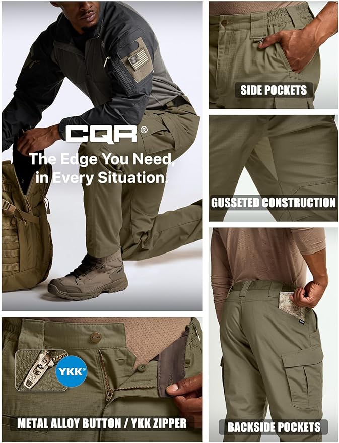 CQR Men's Tactical Pants, Water Resistant Ripstop Cargo Pants, Lightweight EDC Work Hiking Pants, Outdoor Apparel