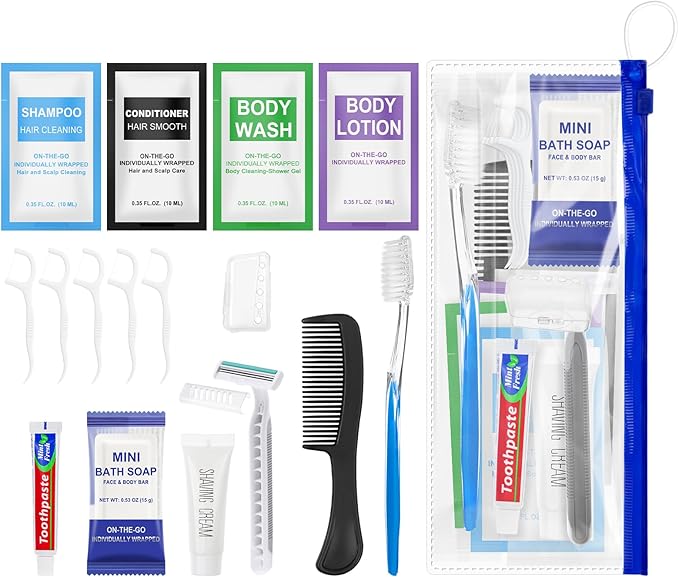 Personal Hygiene Kit Bulk Pack of 5,Individually Wrapped 13-IN-1 Blue Disposable Basic Travel Toiletry Set Homeless Care Package Supplies for Men,Women,Guests,Charity