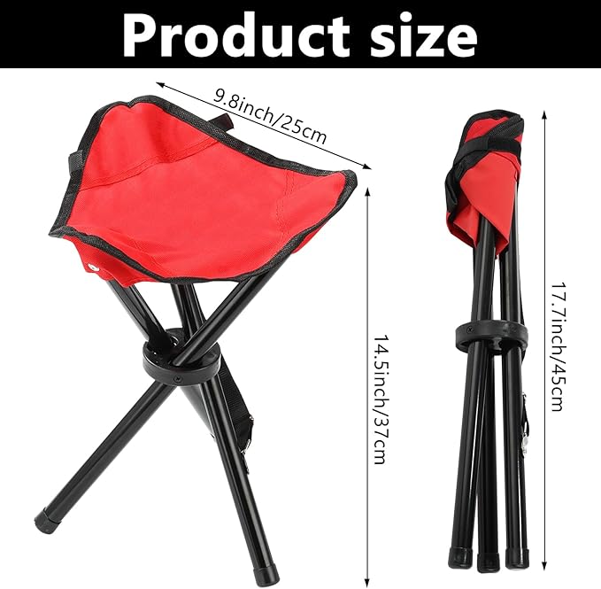 Travel Folding Camping Stool, 17.7 Inch Outdoor Tripod Seat Portable Fishing Chair Sturdy Three Legged Stool with Carry Strap for Camping Party Hiking Golf Mountaineering Picnic Beach, Red