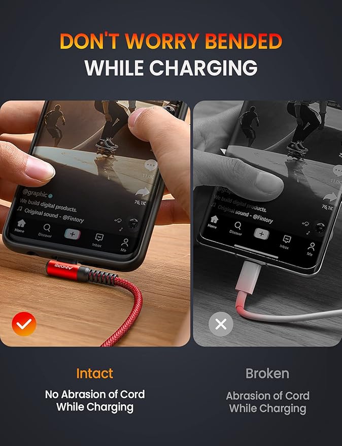 AINOPE USB C Cable 60W 2-Pack 10ft Nylon Braided USB C to USB C Cable Type C Charger Fast Charging Right Angle USBC Cable Charger Cord for iPhone 16 Pro Max 15 Plus Samsung S24 S23 iPad Pro Red