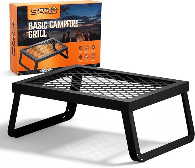 Folding Campfire Grill – Portable Over-Fire Grill with Food-Safe Coating, Heavy Duty Steel, Compact with Folding Legs - Camping, RV, Overlanding, Fire Pits
