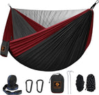 Camping Hammock, Portable Hammocks with Mosquito Net,Lightweight Nylon Parachute Hammock with 10ft Tree Straps,Camping Gear Must Haves for Travel Hiking Backpacking Beach Patio-Black&Red