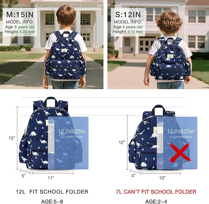STEAMEDBUN Corduroy Toddler Backpack for Boys 2-4: Kids backpack for Boys Girls - 12 inch Preschool Kindergarten Backpacks - Dinosaur