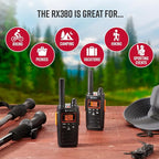 Cobra RX380 2-Pack Walkie Talkies & Compatible Cobra GA-SV01 2P Surveillance Headset Microphones: Rechargeable, 40 Preset Channels, Long Range 32-Mile Two-Way Radio Set, Black