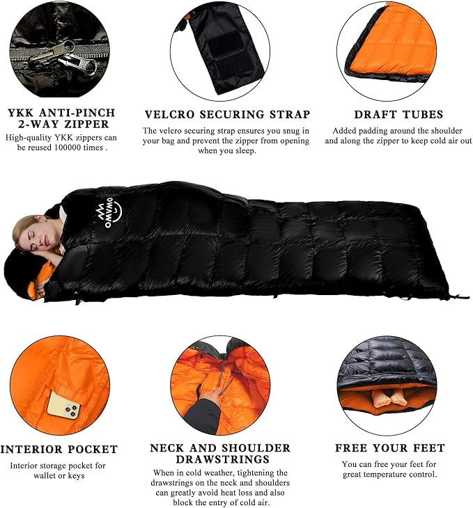 -10°F 0°F 10°F 15°F Down Sleeping Bag for Adults,800/650 Fill Power,Ultralight Wearable 4 Season Cold Weather Rectangle Sleeping Bag for Camping Hiking,Can be Used as a Down Blanket or Cloak