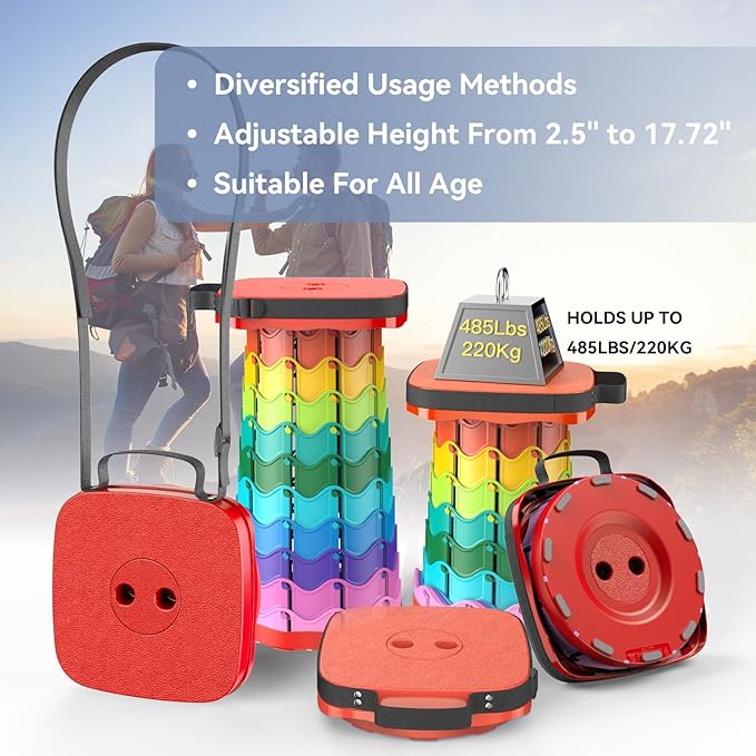 Upgraded Collapsible Stool, Portable Folding Stool, Telescoping Camping Chair with Max Load Capacity 485lbs, Square Retractable Stool for Camping Gardening Fishing Hiking BBQ [Rainbow+Red]