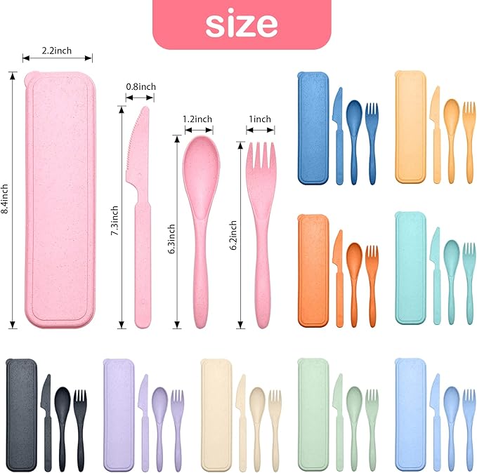 Reusable Travel Utensils Set with Case, 5 Sets Wheat Straw Portable Plastic Fork Spoons Knife Camping Cutlery, Eco-Friendly BPA Free Lunch Tableware for Kids Adults Travel Picnic Utensils