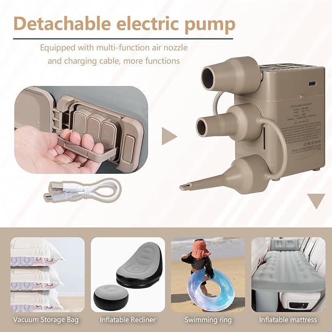 BEBAS Self-Inflating SUV Air Mattress Car Back Seat Bed, PVC Flocked Surface Car Air Couch Cushion Built-in Charging Pump for Rapid Inflation and Deflation. Gray