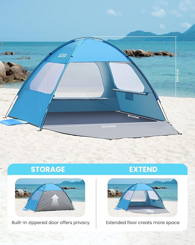 OutdoorMaster Beach Tent for 3/4 Person - Easy Setup Sun Shade Shelter, Portable Beach Shade Sun Canopy with UPF 50+ UV Protection, Removable Skylight Family Size