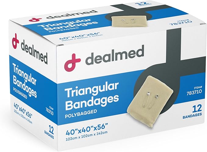 Dealmed Latex-Free Triangular Bandages – 12 Cotton Bandages with 2 Safety Pins, 40" x 40" x 56" Compression Bandage Wrap, Wound Care Product for First Aid Kit and Medical Facilities