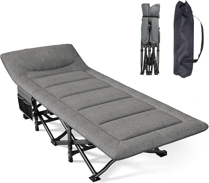 Camping Cot, Folding Cot Bed for Adults with Built-in Mattress and Pillow, Portable Outdoor Sleeping Cot for Camping and Travel, with Carry Bag, Grey, Max Load 450 LBS