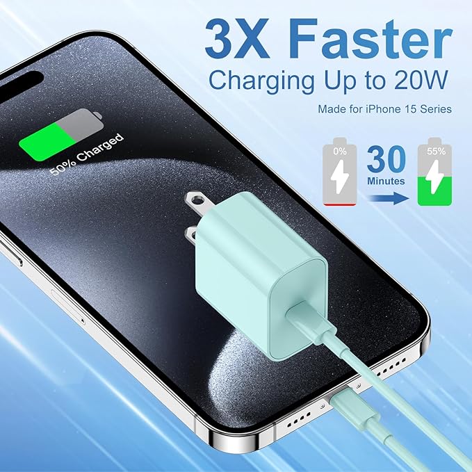iPhone 17 16 15 Fast Charger Block and 10ft USB C to C Cable Cord Long for Apple iPhone 17 Pro Max/17 Air/16e/16 Plus/15/iPad/Samsung,Type C Wall Charging Power Adapter Plug Cube Brick-Light Green