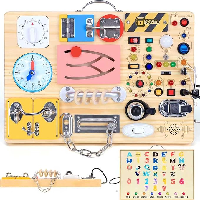Busy Board with 13 LED Light Switches and 12 Activity, Montessori Toys for Toddlers, Wooden Toy Sensory Activity Board, Travel Toys for 1+ Year Old Boy & Girl Birthday Gift (25 in 1 Busy Board)