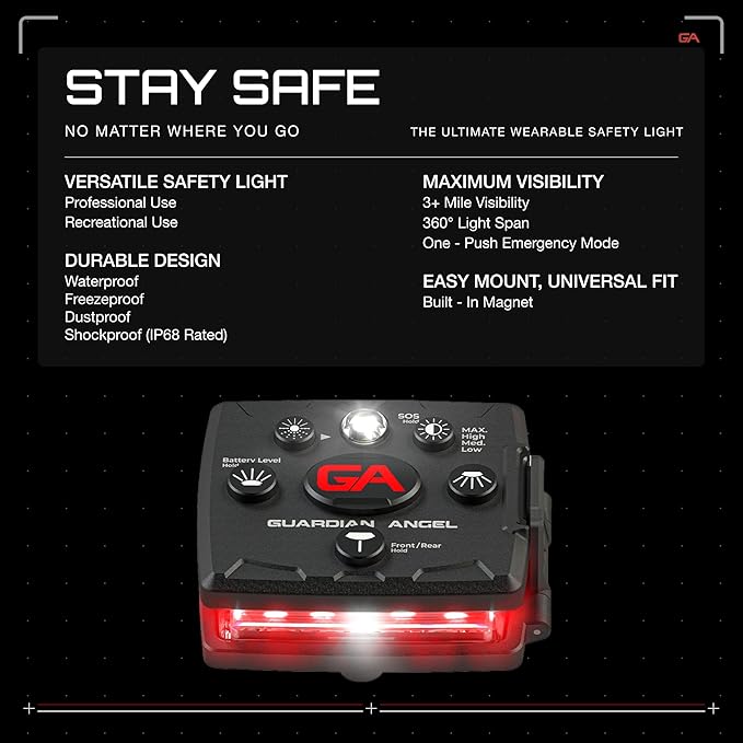 Guardian Angel Micro Series Safety Lights, Beacon Device (Red Front & Green Rear) | Rechargeable, Magnetic & Hands-Free Wearable LED Light for Dog Walking, Cycling, Camping & Kayak