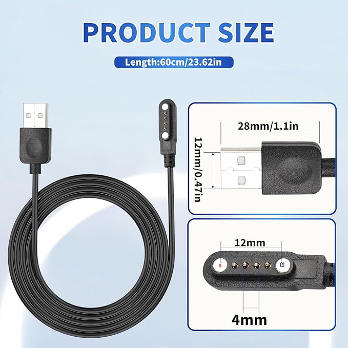 [2 Pack] Smart Watch Charger Cable, Magnetic SmartWatch Accessories Charger Cable 4 Pin Cord, Charger Contact pin spacing 7.62 mm for Smart Watch, Fitness Tracker(2)