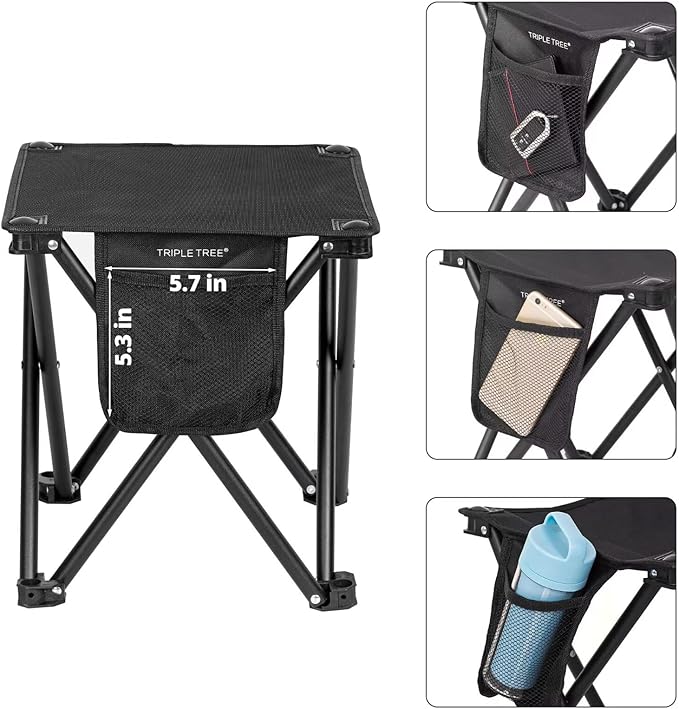 TRIPLE TREE 1 Pack Camping Stool, 13.8 Inch Portable Folding Stool for Outdoor Walking Hiking Fishing 400 LBS Capacity with Carry Bag, Black