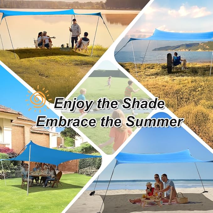 10×10ft UPF50+ Beach Tent Sun Shelter, Windproof Stable Outdoor Pop Up Beach Shade Canopy for Camping, Fishing, Backyard Fun or Picnics, 4 Poles