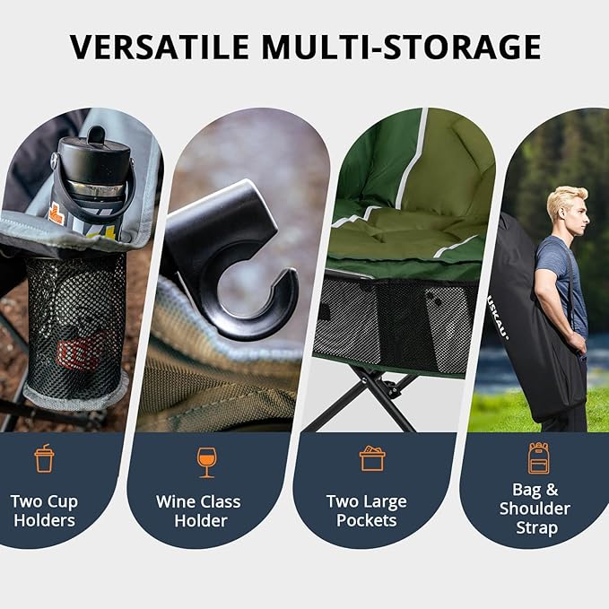 Oversized Camping Chair for Large Adults Heavy Duty 400 lbs Capacity, Comfortable Padded Folding Lawn Chair with Back & Headrest Support and Cup Holder, Portable Outdoor Chair with Carry Bag