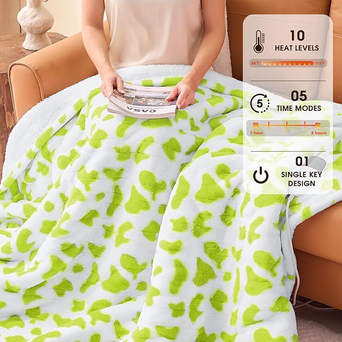 Green Cow Heated Electric Blanket Throw, 50X60 Heating Blanket with 10 Heats Levels & 8 Hours Auto Off, Cute Christmas Yoga Gifts for Women Teen Girls Mom Pets, Home Decor for Living Room Bedroom