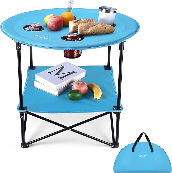 VILLEY Folding Camping Table, Lightweight Double-Layer Round Table with 4 Cup Holders and Carry Bag, Portable Beach Table for Camp, Travel, Fishing, Outdoor Activities, Blue