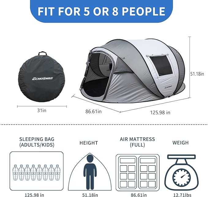 EchoSmile Instant Pop Up Camping Tent, 2/4/6 Person, Easy Setup Tent, Water Resistant Dome, Portable with Carry Bag