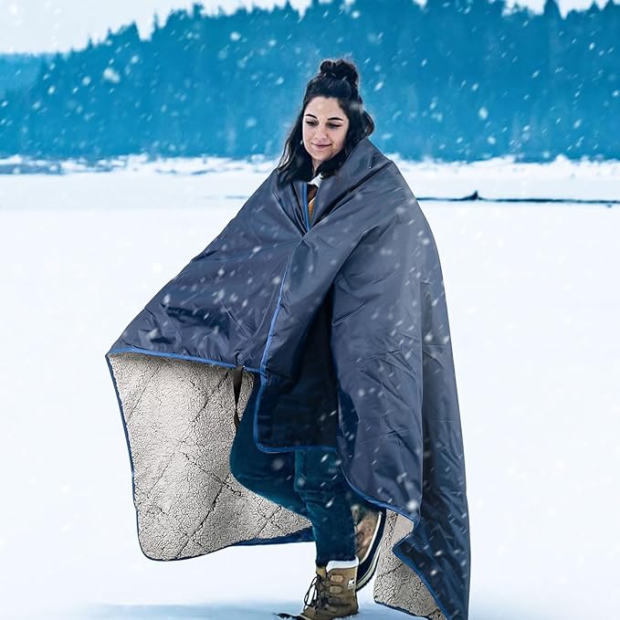 Sherpa Warm Outdoor Camping Blanket - Waterproof Stadium Blanket for Cold Weather, Camp, Sports Mom and Concert - Camping Quilt 80" X 58" (Blue)