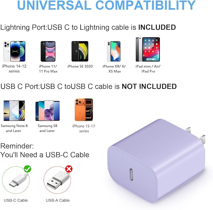 iPhone Fast Charger 3+3Pack 20W USB C Wall Charger with 6FT Fast Charging Cable Compatible with iPhone 14/13/12/11/Pro/Pro Max-Purple