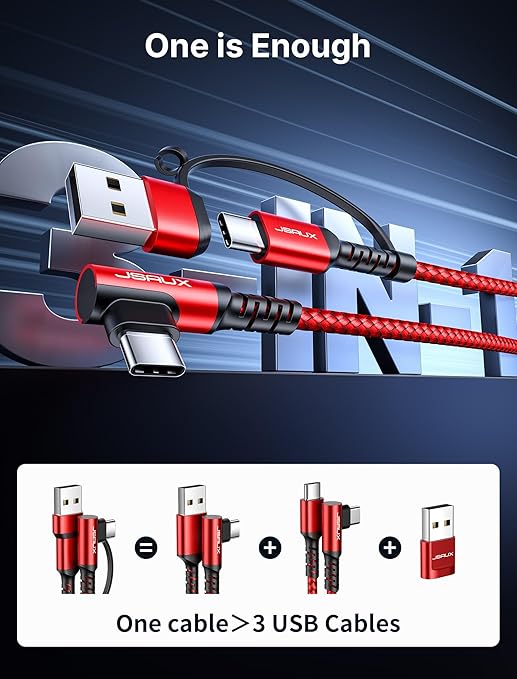 JSAUX 100W USB C Cable [2-Pack 6.6FT], Right Angle Fast Charging Cord with USB A to C Adapter for iPhone Air/iPhone 17/ iPhone 17 Pro/iPhone 17 Pro Max, iPhone 16/15, Samsung, MacBook, iPad - Red