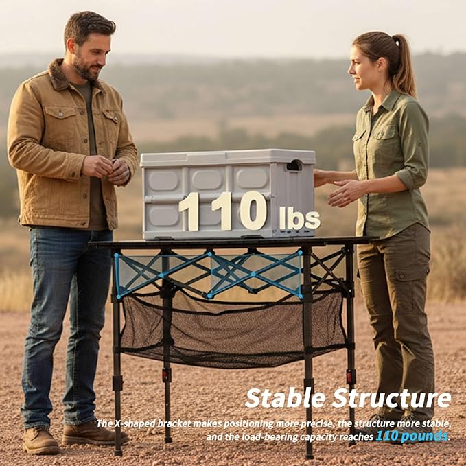 Portable Camping Table with Adjustable Height Legs, Lightweight Aluminum Roll-up beach tables for sand foldable，Folding Picnic Table Large Storage Basket for Outdoor camping (Black, Medium 37")