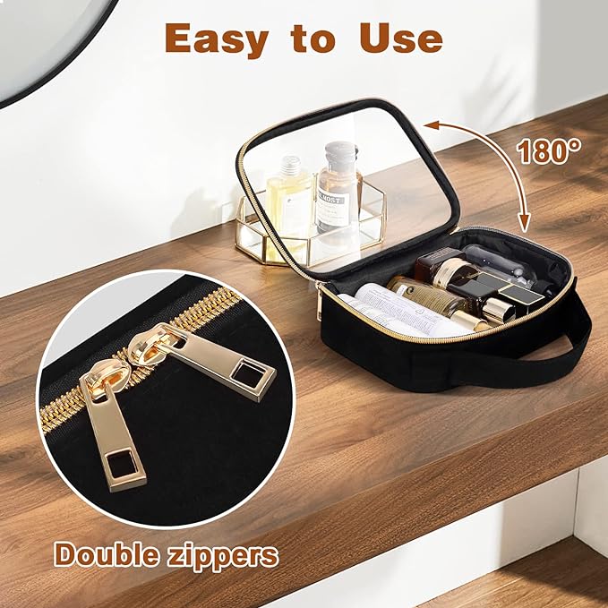 Wedama Clear Toiletry Bag, 3 Pack Clear Makeup Bags with Handles, PVC Cosmetic Bags for Women and Men, Large Opening Toiletry Bags, Black
