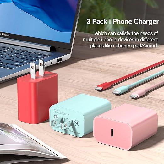 3Pack 10FT Long ightning Cable,20W Fast Charging Phonne ightning Cable Phone Charger Cord for Phone 14/13/12/12 Pro Max/11/Xs Max/XR/X,AirPods Pro,Pink/Green/Red