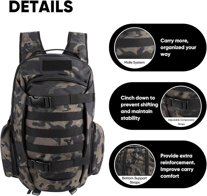 35L Tactical Backpack for Men, MOLLE Military Bug Out Bag, Waterproof Rucksack for Hiking with Hydration Port Balck CP