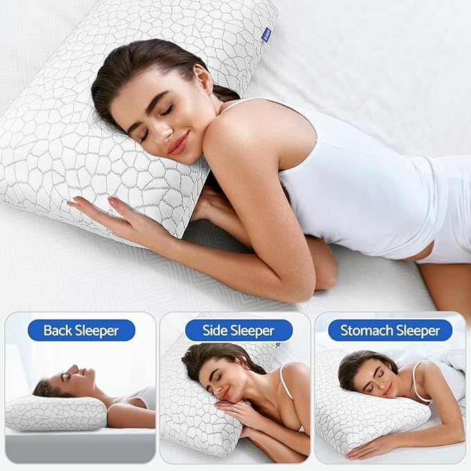 Memory Foam Pillows for Sleeping, Cooling Pillow with Removable and Machine Washable Cover, Bed Pillow for Side, Back and Stomach Sleepers, Queen Size (1 Pack)