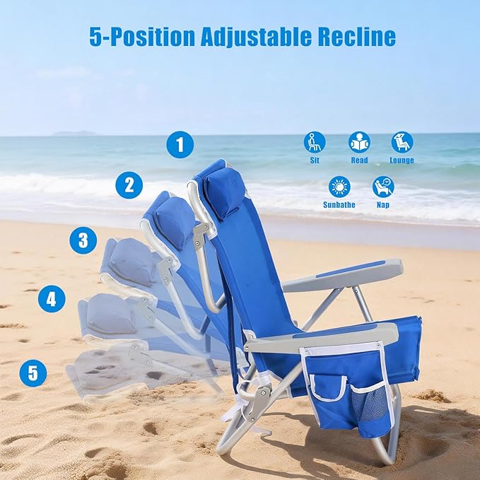 SUNNYFEEL Low Beach Chair 2 Pack, 5-Position Lay Flat Reclining, Backpack Portable Folding Chairs with Cooler Bag & Cup Holder, Heavy Duty 350 LBS, Compact for Beach, Camping, Travel