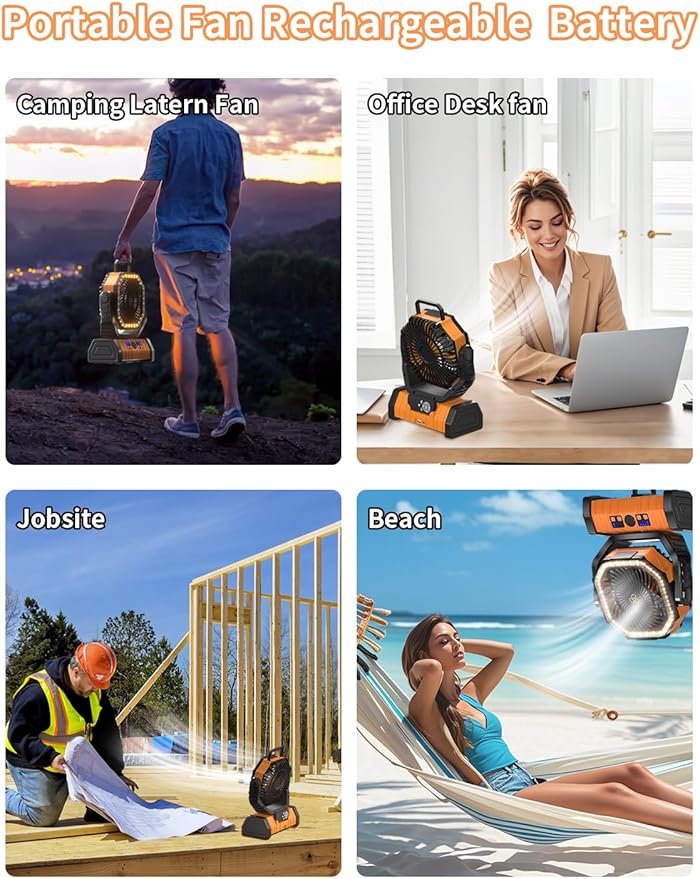 Battery Operated Fan Portable Battery Powered Camping Tent Fan with LED Lantern Light 20000mAh Rechargeable, Oscillating, 360° Rotating Hanging Hook, Cordless for Desk, Travel(Orange)