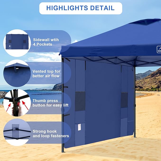 KAMPKEEPER 10x10 Pop Up Canopy Tent with Sidewall - Easy Setup Sun Shelter, Outdoor Shade with Vented Roof for Backyard | UV & Rain Portable Instant Camping Beach Canopy Tents (Navy Blue)