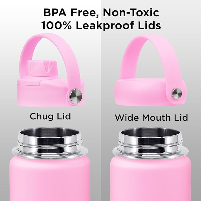ThermoProof Double-Walled Vacuum Insulated Stainless Steel Water Bottle - Wide Mouth with Chug & Spout Lids, Dishwasher Safe, Reusable, Leakproof, Hot & Cold for Men, Women & Kids - 22oz, Pink