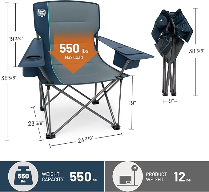 Timber Ridge 550 LBS Oversized Folding Camping Chair for Adults, Heavy Duty Outdoor Chair with Cup Holder Side Pocket for Camp, Lawn, Picnic, Navy-Upgrade