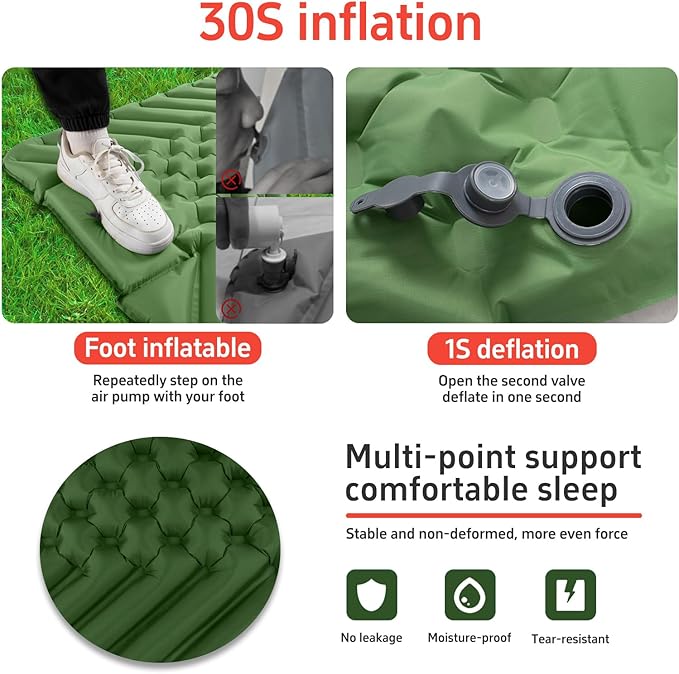 Camping Sleeping mat and Inflatable Pillow - Set, Portable, Ultra-Light, Thickened, Quick to inflate in 30s, can be Spliced. Suitable for Backpacking, Hiking, Camping and Other Scenes
