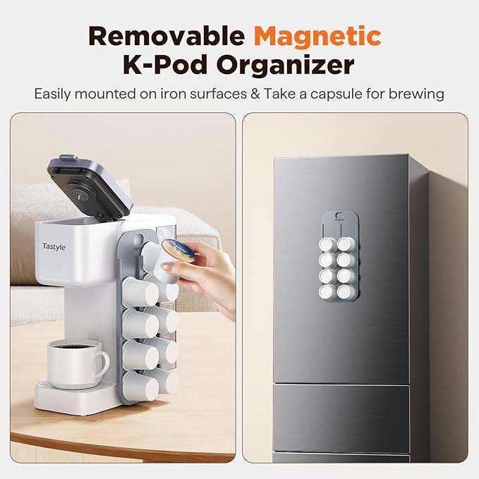 Hot & Iced Coffee Maker with Magnetic K-Pod Organizer (Pods Not Included), Stores 10 Pods, 4-5 Cups Coffee Maker & Single-serve Brewer for K Cup & Grounds, 40oz Removable Water Tank, White