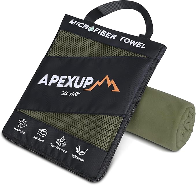 APEXUP Microfiber Travel Towel, Ultra Absorbent Quick Dry Towels, Lightweight Gym Sports Camping Towel for Workout, Yoga, Beach, Shower, Swimming (48"×24", Army Green)
