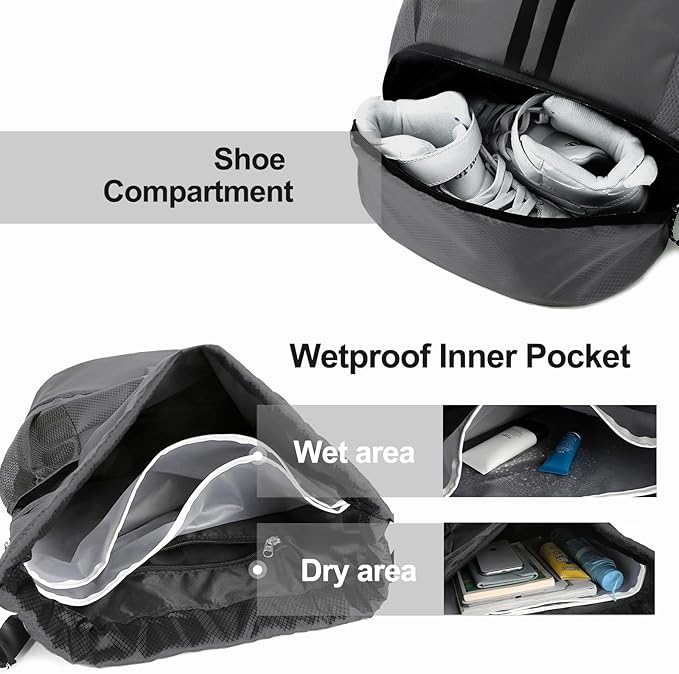 Hoedia Sports Drawstring Backpack - String Swim Gym Bag with Shoes Compartment and Wet Proof Pocket for Women/Men (Dark Grey)