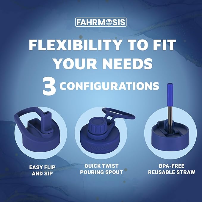 64 Oz Insulated Water Bottle with Strap Stainless Steel Sports Water Bottle with 3 Lids (Straw, Chug and Flip Lid) Leak Proof Metal Half Gallon Jug for Men & Women - Navy Blue