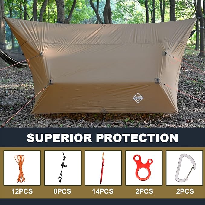onewind Hammock Rain Fly, Ultralight Silnylon Tarp for 2-4 Persons, 14Ft*13Ft, 3000mm Waterproof, Brown