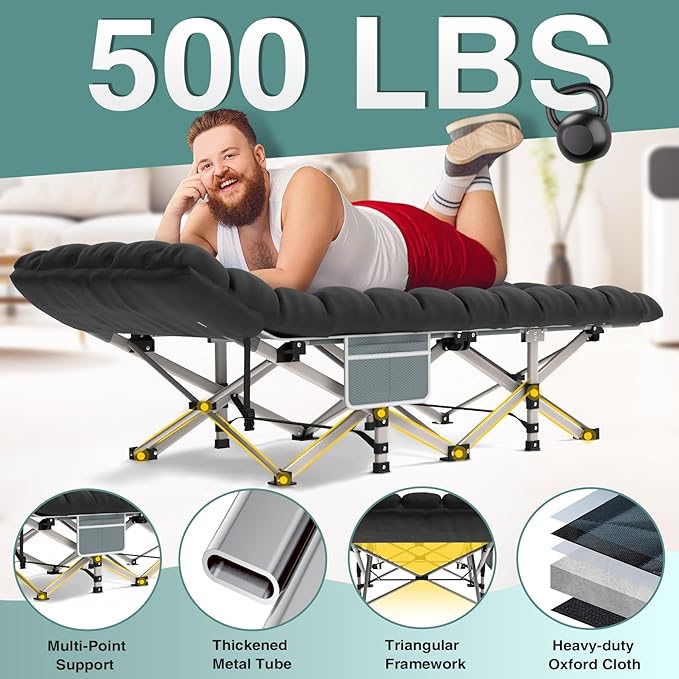 ZENPETIO Camping Cot for Adults, Heavy-Duty Portable Cot Bed with Mattress, Foldable Padded Sleeping Cots for Camping Travel Tent Day Bed Outdoor & Home Guest, Max Load 500 LBS, 75x28x15”