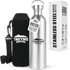 Tactiko Survival Stainless Steel Wide Mouth Water Bottle, Single Wall Boil-Safe, Leakproof, BPA-Free with Carry Sleeve and Strap for Camping, Hiking, Outdoor Prep (Black, 51 oz / 1500 ml)